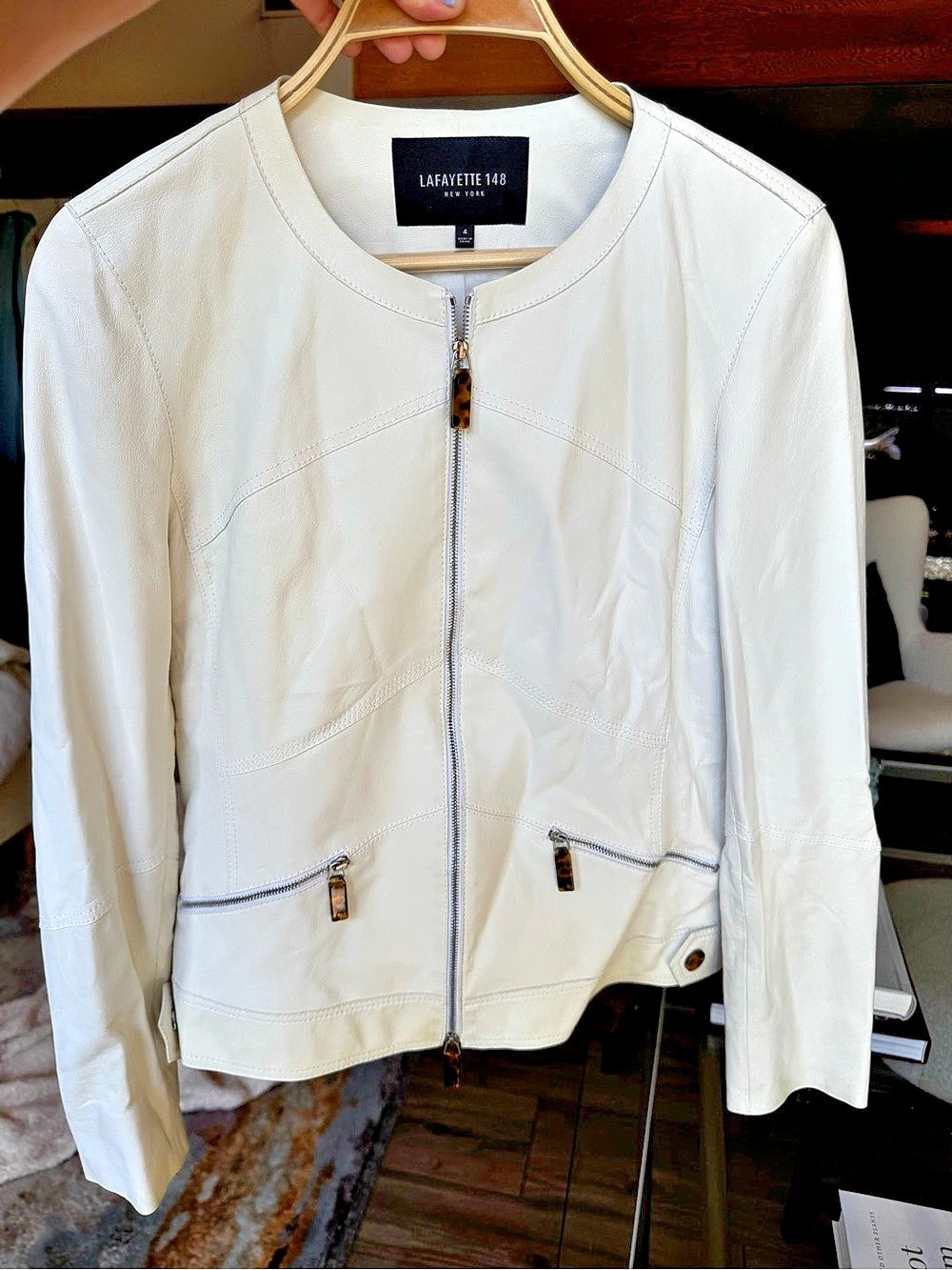 Lafayette 148 White Zip Front Leather Jacket Like New
